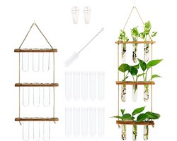 Muurhanger Plantenbak Terrarium met Houten Stand, 3 Laags Retro Glazen Planten, Mini Testbuis, Decoratie voor Thuis, Tuin en Kantoor
