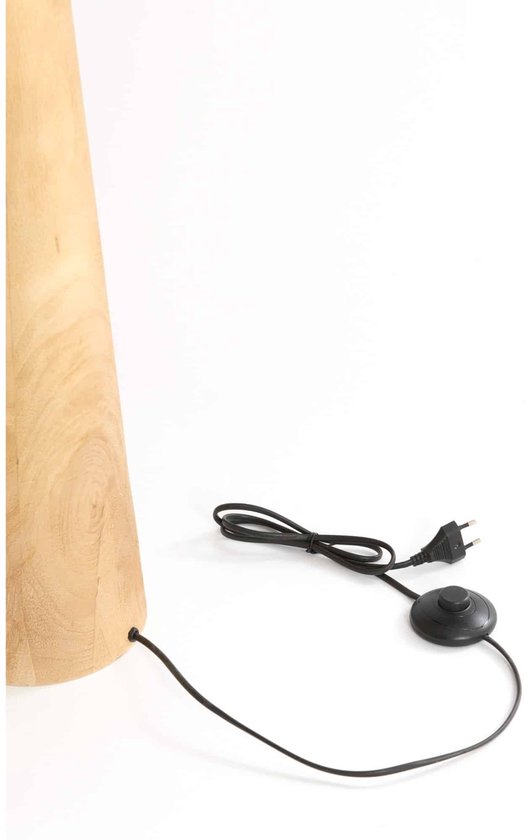 Onderkant van houten vloerlamp met zwarte kabel en voetbedieningsschakelaar.