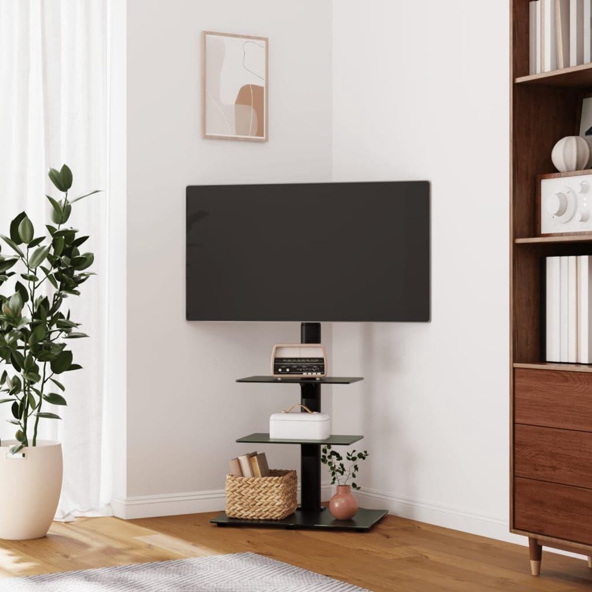 TV Meubel Hoek - TV Kast Mediameubel - TV Opbergen - Draaibare Bevestiging - 3 Niveaus - Zwart