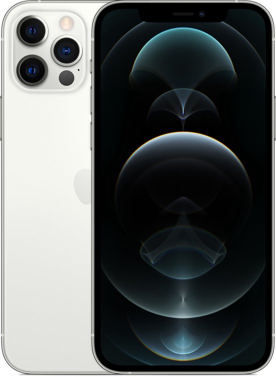 Zilverkleurige iPhone 12 Pro met drievoudige camera aan de achterzijde en een scherm met een abstract patroon.