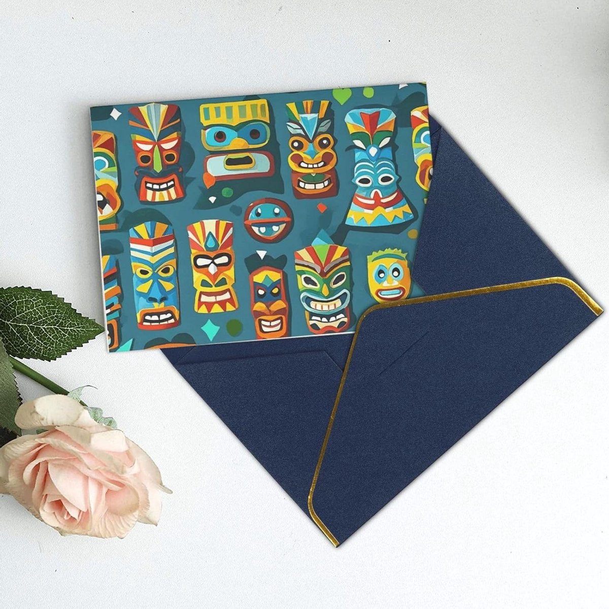 Wenskaarten Tiki Masker - Bedankkaartjes Notitiekaarten - Geleentheden Vieren - Kleurrijk Tiki Patroon - 15 cm x 10 cm - Blauw