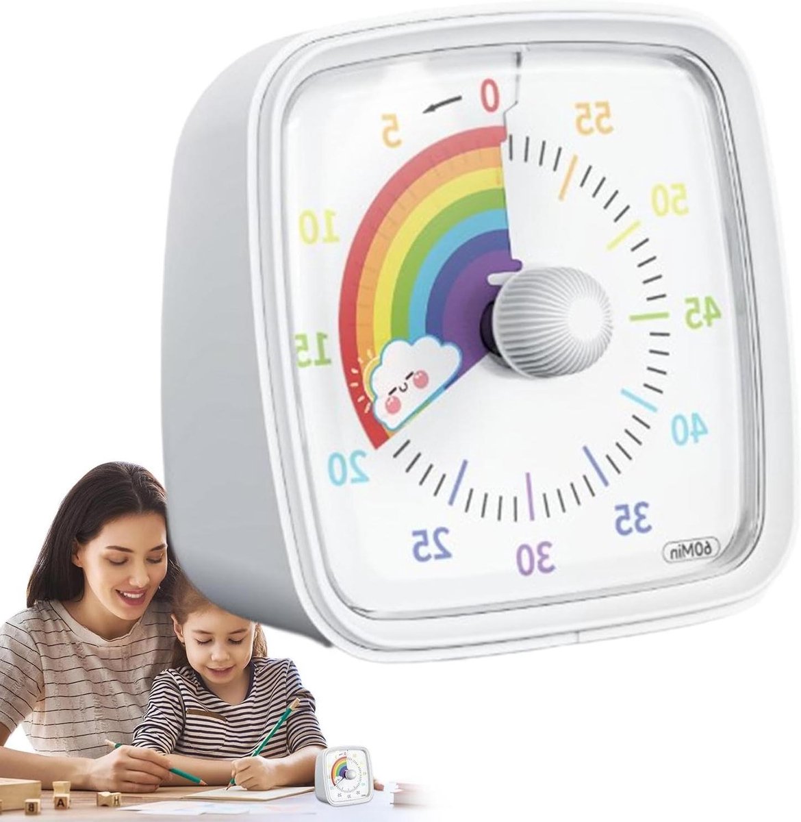 Kinder Timer - Tijdmanager Klok - Tijd Beheren - Stil Regenboog Patroon - 60 Minuten - Wit