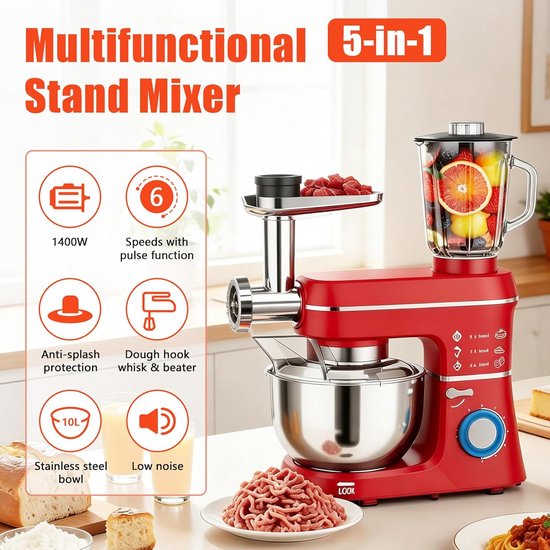 Keukenmachine - Mixer - Bakken en Koken - 5-in-1 Functies - 10 Liter Kom - Rood — afbeelding 2