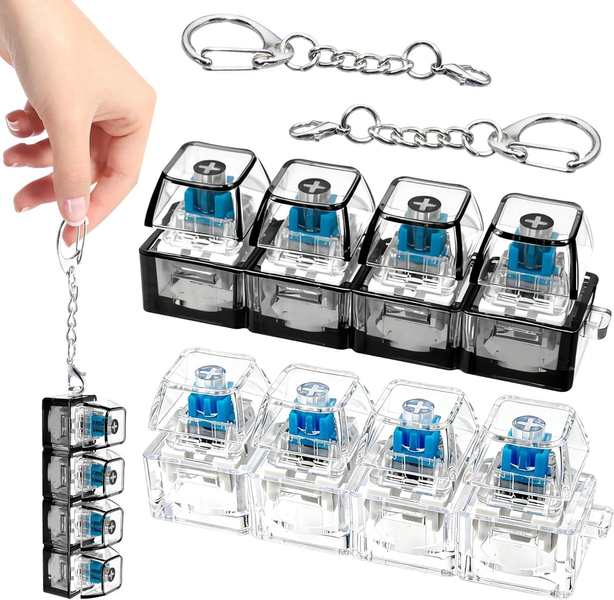 Keyboard Fidget Toy met LED Verlichting (Multicolor Lampjes) - 2 Stuks - Toetsenbord Clicker Fidget Sleutelhanger - Anti Stress Speelgoed voor Volwassenen en Kinderen - Mini 4 Toetsen Decompressie Speelgoed - Transparant met Multicolor Lampjes