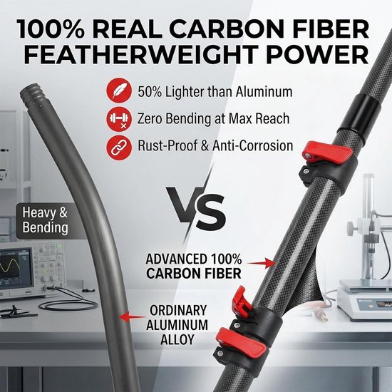 Telescoopborstel Zonnepanelen - Lichtgewicht Reiniger - Hoge Oppervlakken Wassen - Carbon Fiber Steel - 4.8 Meter - Zwart — afbeelding 2