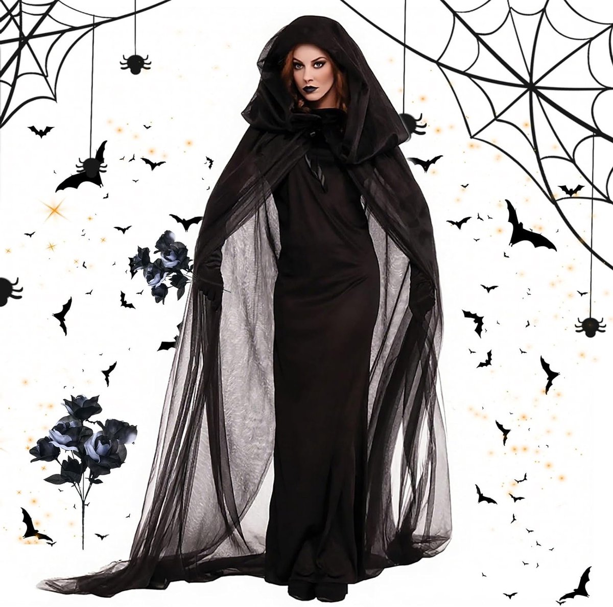 Halloween Kostuum voor Vrouwen - Zombie Kostuum met Witte en Zwarte Rozen, Spookachtige Bruid voor Carnaval en Cosplay Met Masker