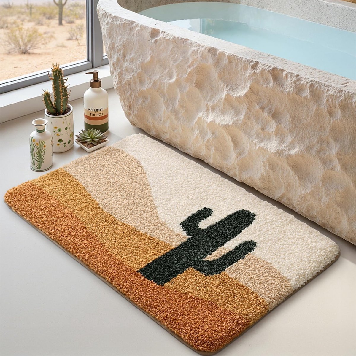 Zachte en Absorberende Badmat 40 x 60 cm, Antislip Douchemat voor Badkamer, Terracotta Cactus Design