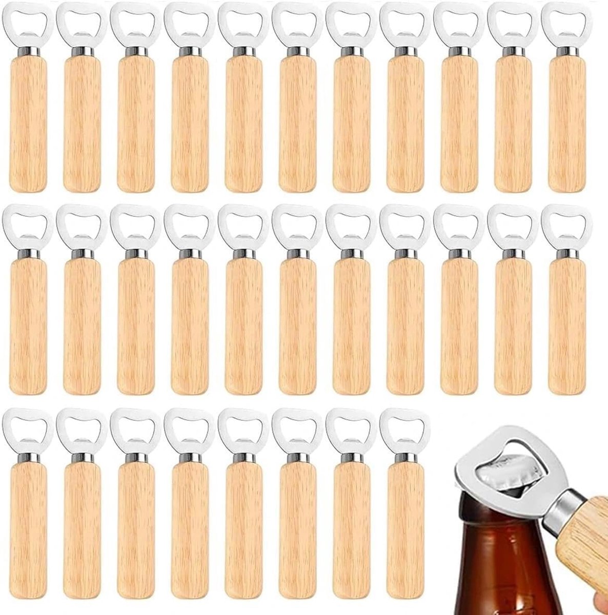 Houten Flesopeners Set van 30 Stuks, Perfect Cadeau voor Mannen en Bierliefhebbers, Duurzaam en Handig in Gebruik