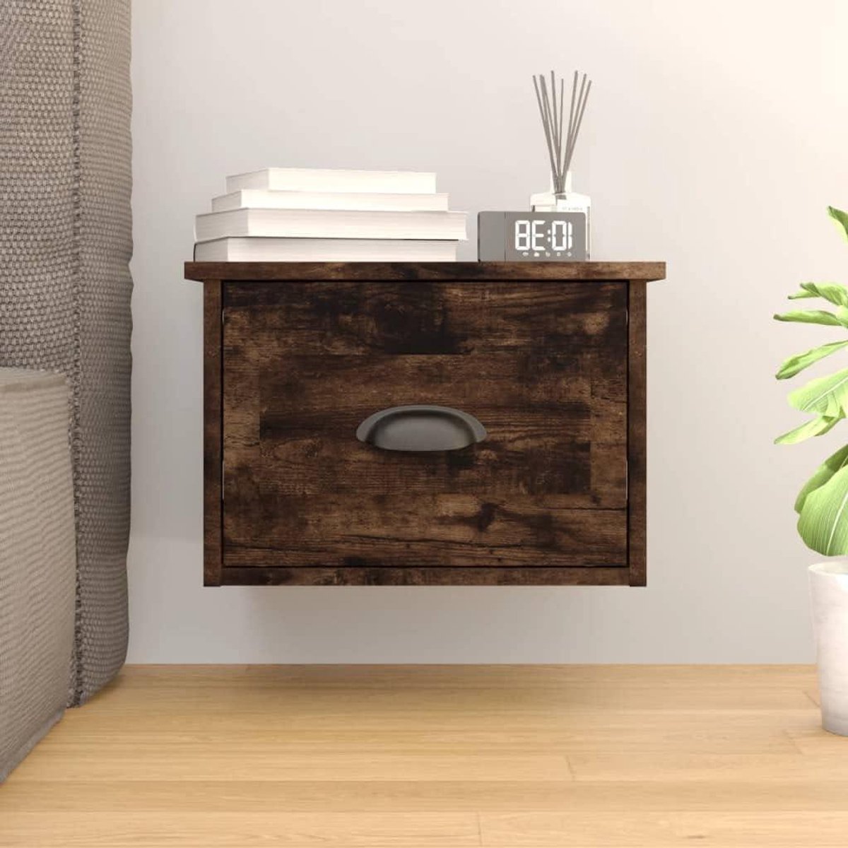 Wandnachtkastje - Zwevend nachtkastje - Opbergen slaapkamer - Met lade - 415 x 36 x 28 cm - Rookeiken