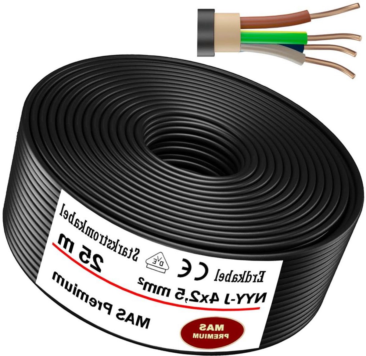 Stroomkabel NYY-J - Krachtstroomkabel Aardkabel - Buiten Installatie - Voldoet aan VDE-norm - 4 x 25 mm² - Zwart