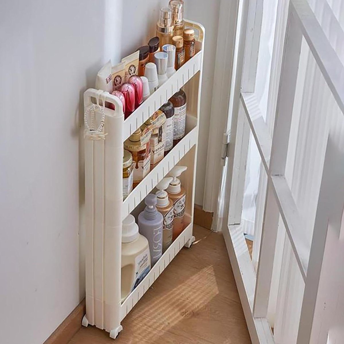 Rol opbergwagen - Smalle trolley - Ruimte organiseren - Drie niveaus - 10 cm breed - Wit