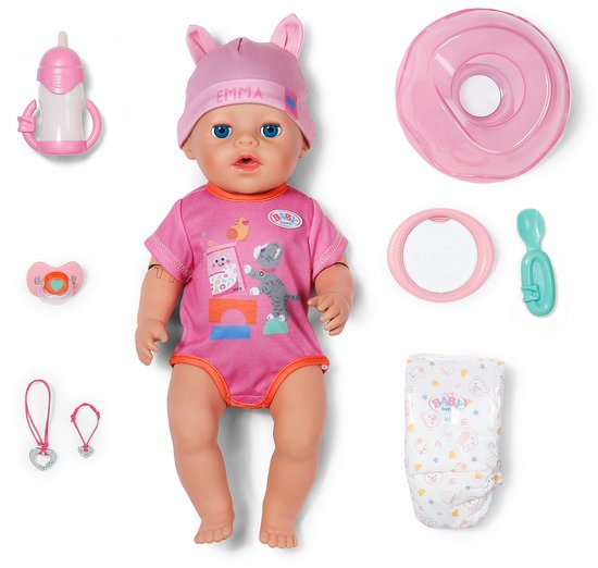 BABY born Emma pop met roze outfit, muts met oortjes, flesje, speen, luier en accessoires.
