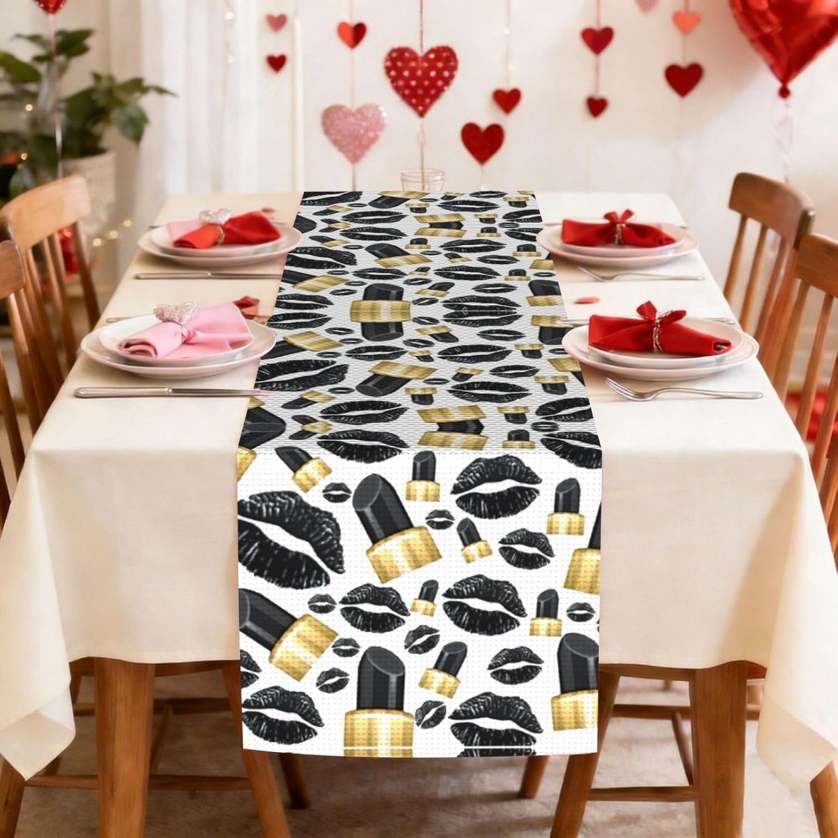 Tafelloper - Tafelkleed Decoratie - Tafel Decoreren - Lippenstift Print - 183 x 33 cm - Zwart