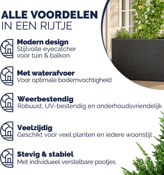 Zwarte polyrattan plantenbak met iconen voor 'modern design', 'waterafvoer', 'weerbestendig', 'veelzijdig', 'stevig & stabiel'.