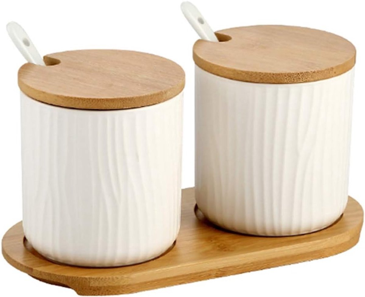 Set van 2 Kruidenspotjes voor Zout en Suiker, Keramische Kruidendoos met Lepel en Bamboe D