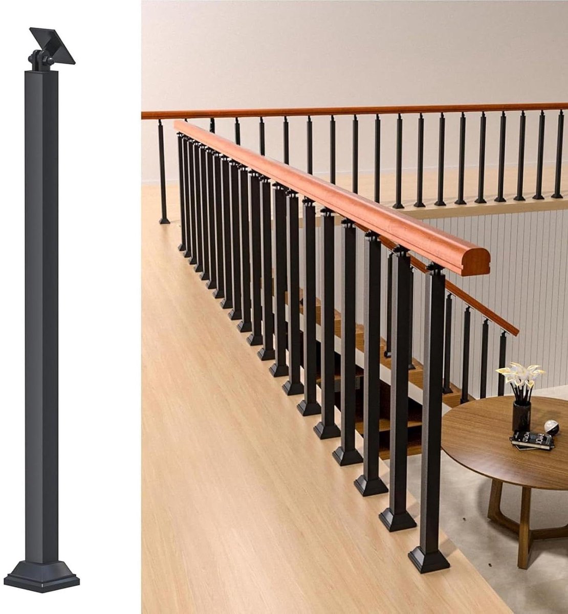 Vierkante leuningpaal - Trapbaluster kolom - Trappenhuis verstevigen - 270° verstelbare steun - 76-91 cm hoogte - Zwart
