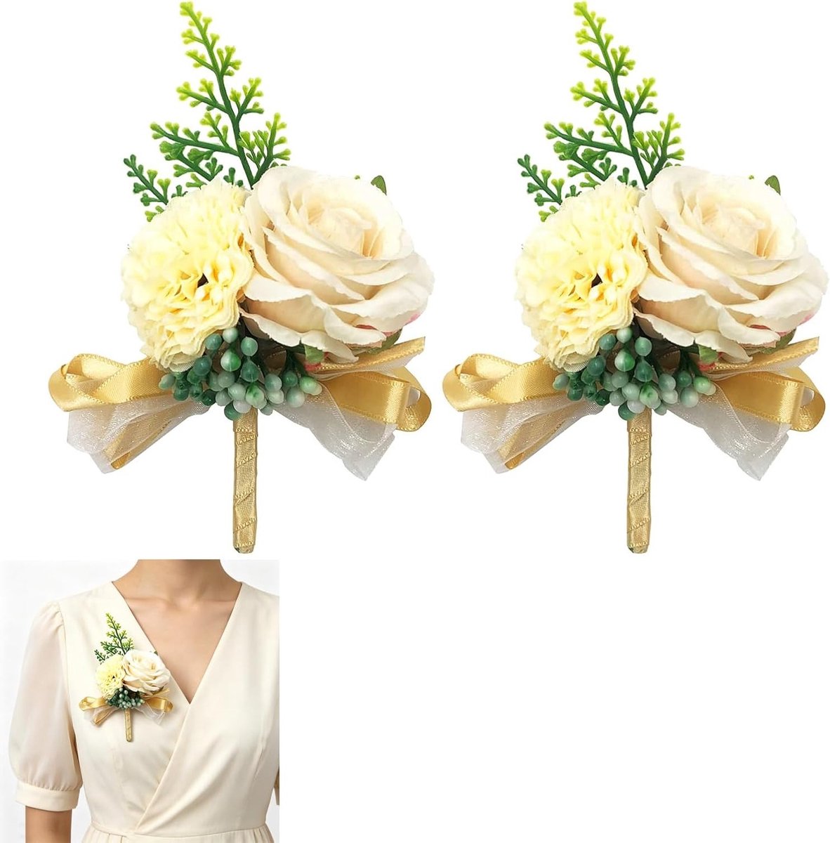 Twee Stuks Bruiloft Corsages, Rozen Corsages van Zijde, Bloemcorsages voor Bruid, Bruidegom en Gasten (Champagne Kleur)