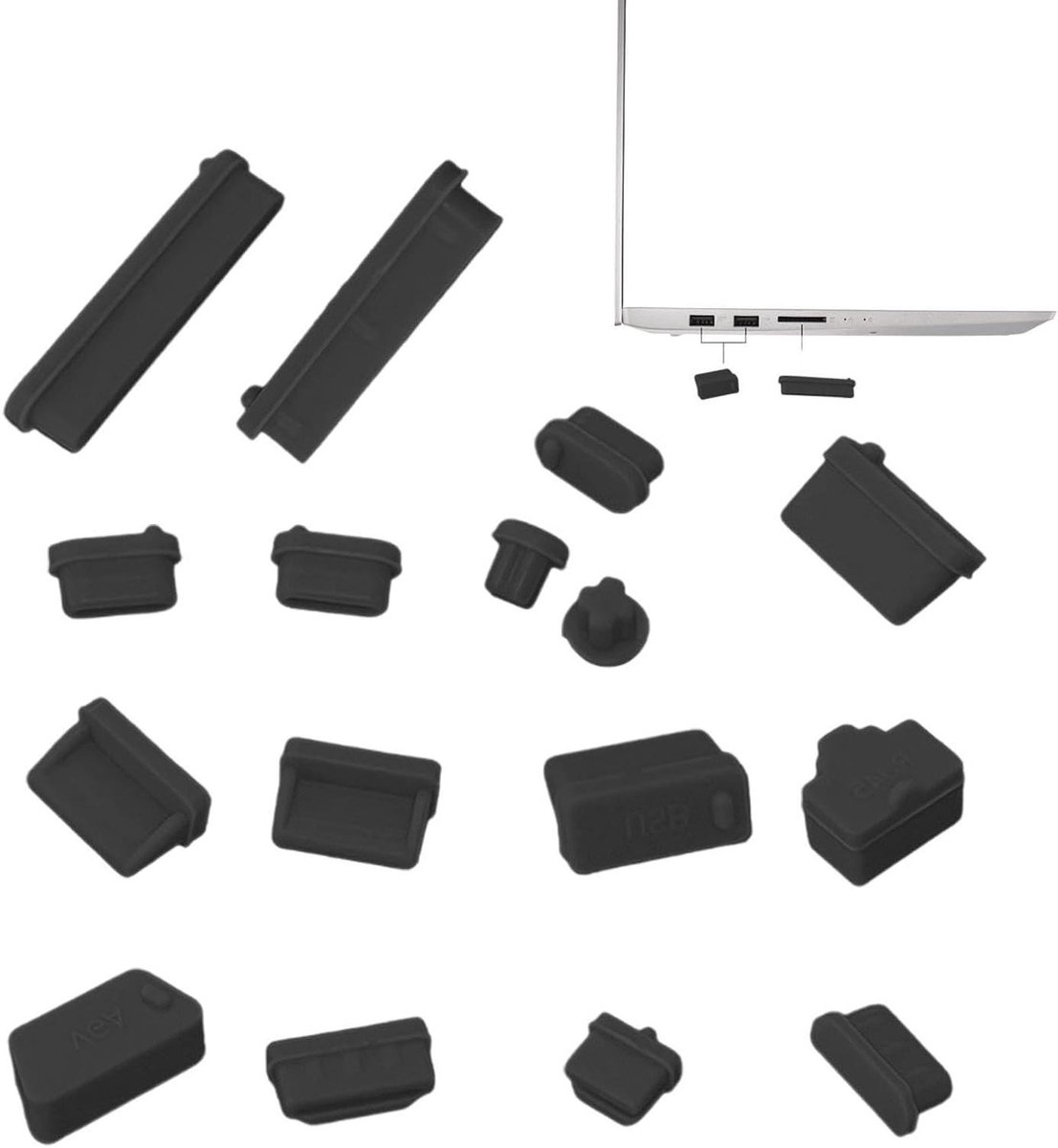 Poorten Stofpluggen - Beschermpluggen Laptop - Apparaten Beschermen - Universele Pasvorm - 16 Stuks - Zwart