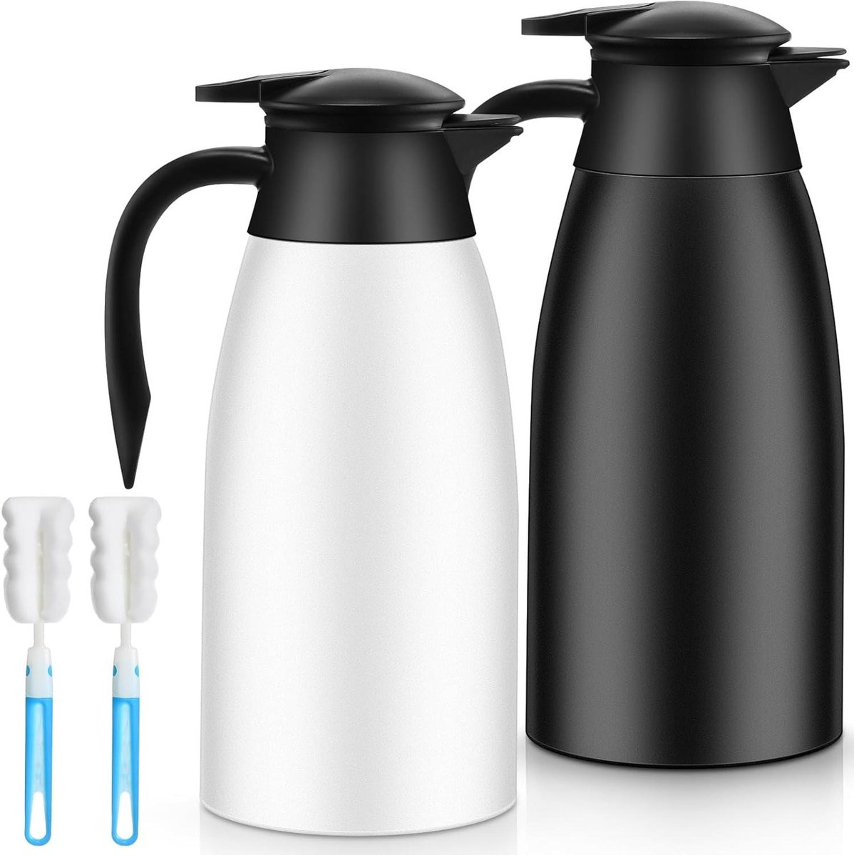 Thermoskannen Set - Dubbelwandig - Warme Dranken - 12 Uur Warm - 2x 1.9 Liter - Zwart Wit
