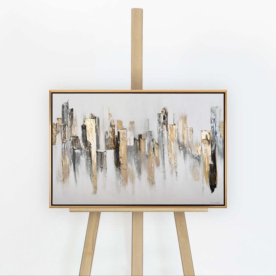 YS Schilderij "City Rhythms" - Handgeschilderd canvas schilderij - Wanddecoratie Moderne kunst - Grijs en goud - Woonkamer - Muurdecoratie woonkamer - Slaapkamer decoratie - Kamer accessoires - Schilderijen woonkamer Gold 60x40