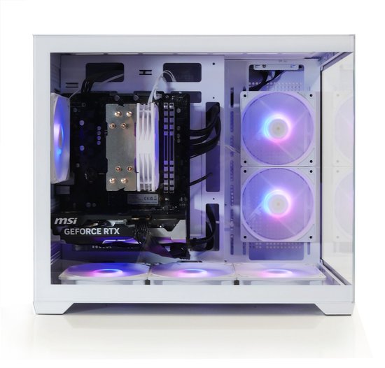 Witte pc-kast met glazen zijkant, verlichte paarse ventilatoren en componenten.