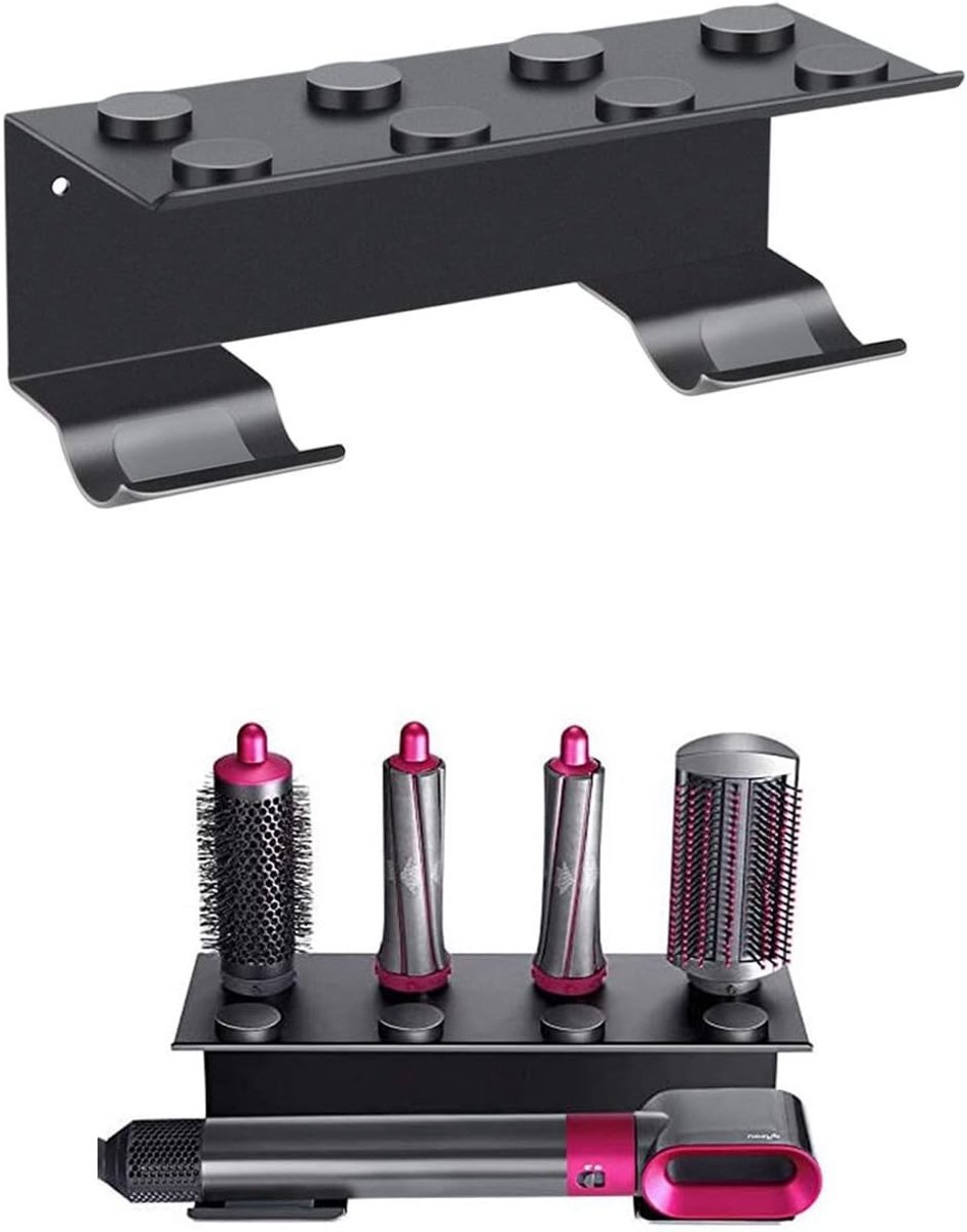 Wandbeugel voor Dyson Airwrap Styler - Wandmontage, Opbergrek voor Haardroger en Krultangen, Inclusief 7 Krullers (Zwart)
