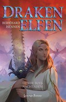 Boekomslag met de titel 'Drakenelfen 10 - Nachtadem'. Een blonde elfenvrouw met groene ogen houdt een versierd zwaard vast, met draken op de achtergrond.