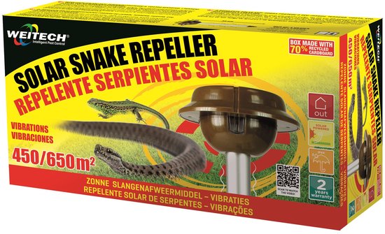 De verpakking van de Weitech Solar Snake Repeller. Toont een slang, een hagedis en de verjager. Tekst "SOLAR SNAKE REPELLER", "REPÉTELLENTE SERPIENTES SOLAR".