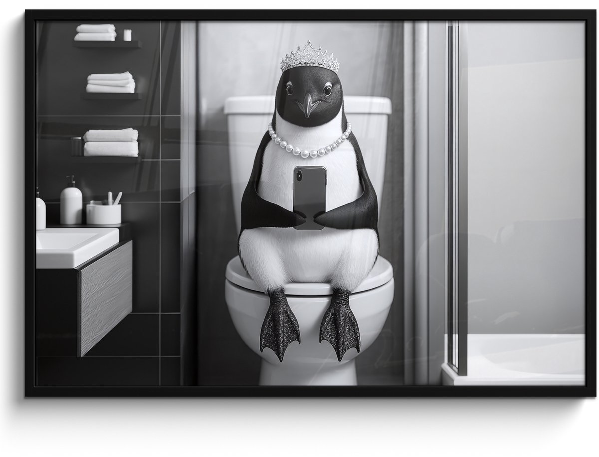Poster in lijst - Fotolijst 120x80 cm - Posters - Pinguïn - Telefoon - Toilet - Zwart - Wi