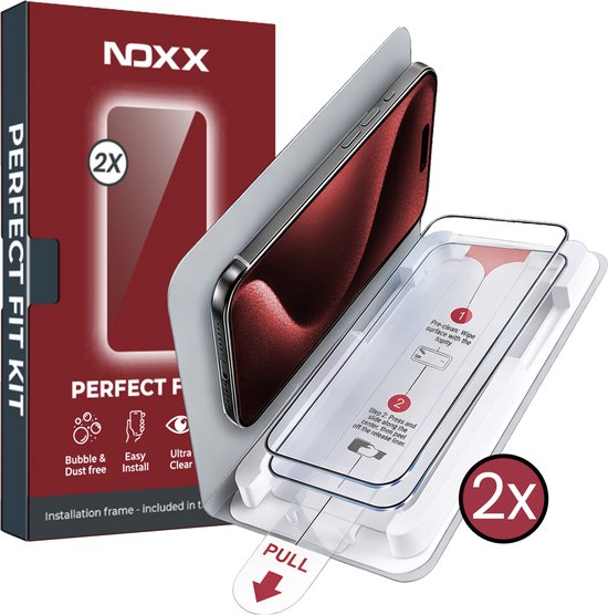 NOXX Perfect Fit Kit verpakking met installatieframe en screenprotector voor iPhone 15 Pro.