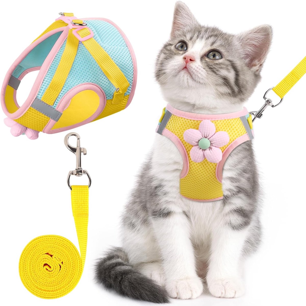 Ulisem - Kattentuigje en riemset - voor wandelen - ontsnappingsbestendig - verstelbaar kittentuigje van ademend mesh met reflecterende strepen - tuigje met bloemmotief voor kitten, puppy en konijn - geel - XS