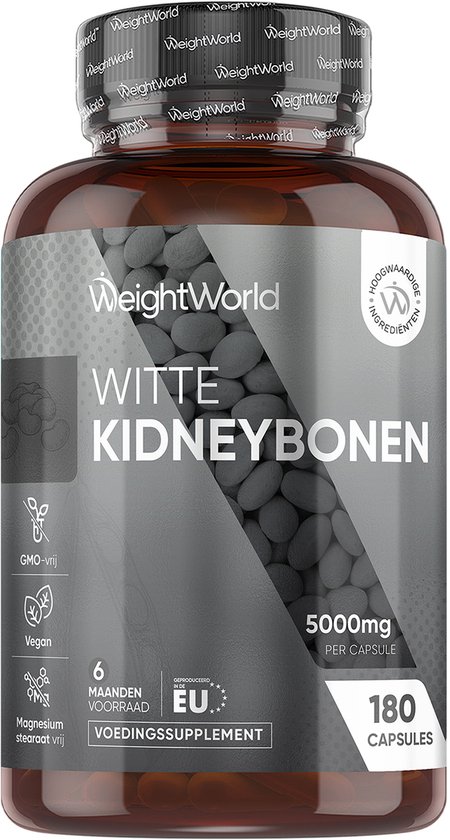 Fles witte kidneybonen extract met informatie over ingrediënten en aantal capsules.