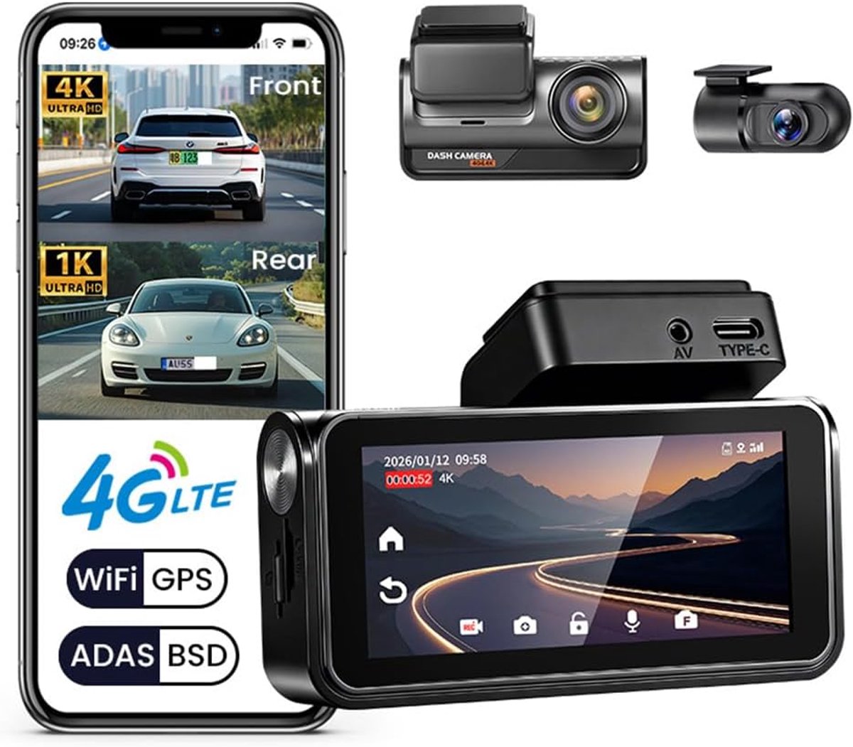 4G LTE 4K Ingebouwde Camera voor Auto – Voor- en Achtercamera – met ADAS BSD DVR Auto – Ondersteunt App-bediening via Wi-Fi – met GPS-videorecorder – Nachtzicht