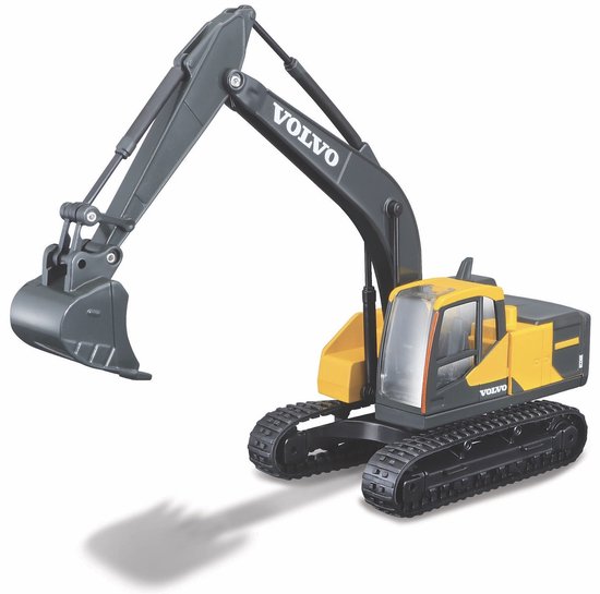 Gele en grijze Volvo graafmachine op rupsbanden, met de arm laag.