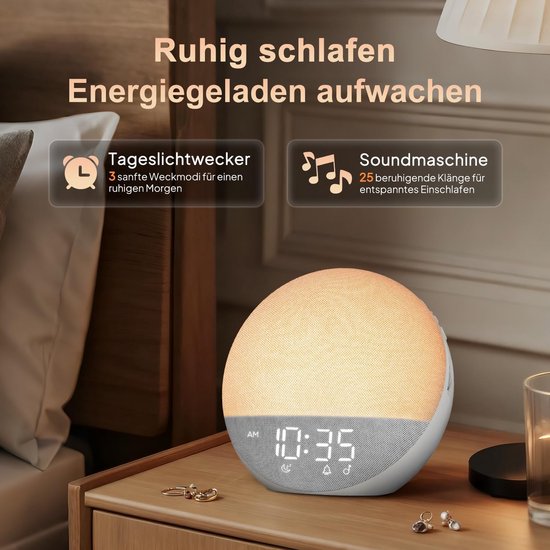 Wekker met Licht - Natuurlijk Wakker Worden - Rustig Ontwaken - Simuleert Zonsopgang - 18 x 18 cm - Wit — afbeelding 3