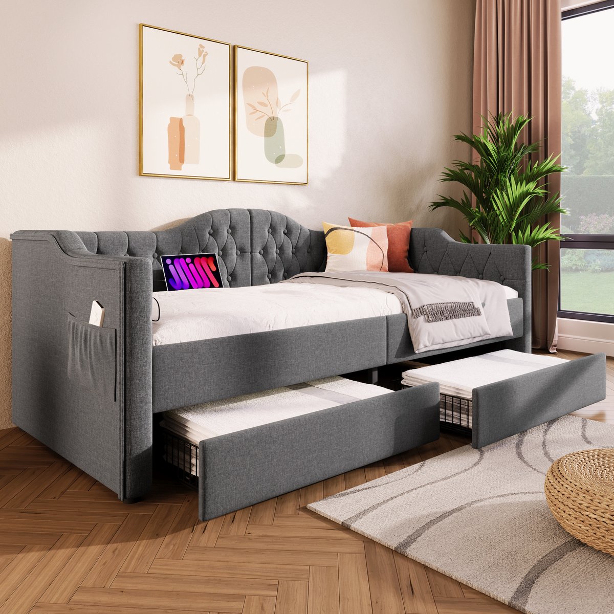 DESMIU Gestoffeerd Dagbed 90x190cm – Bedbank Met Oplaadfunctie – Hoofdbord Met Opbergruimte En 2 Lades – Voor Kinderkamer En Logeerkamer – Linnenlook – Grijs – Zonder Matras