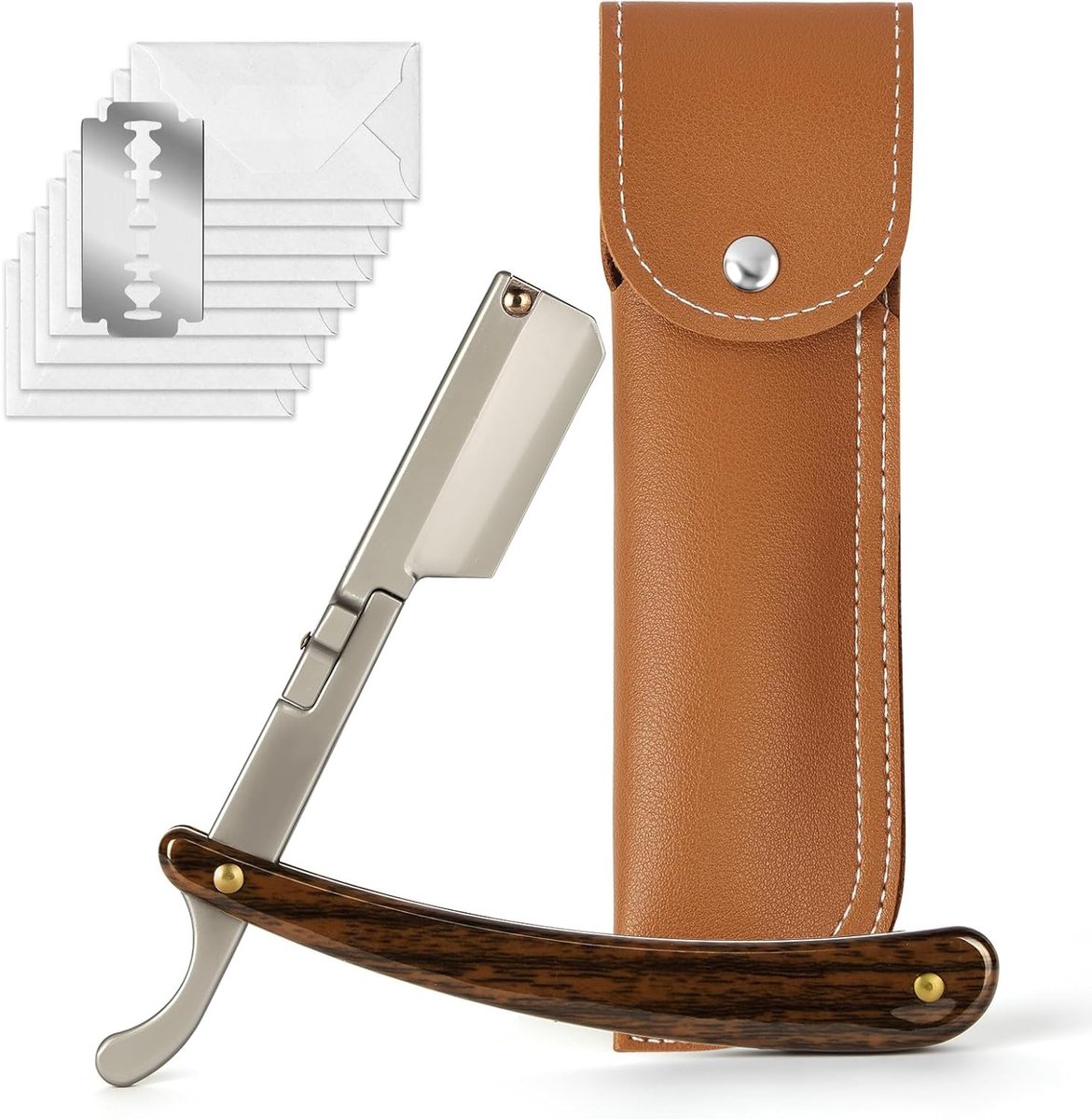 Heren Scheermes met Verwisselbare Bladen, Inclusief 10 Scheermesjes en Handgemaakt Leren Etui, Perfect Cadeau voor Mannen