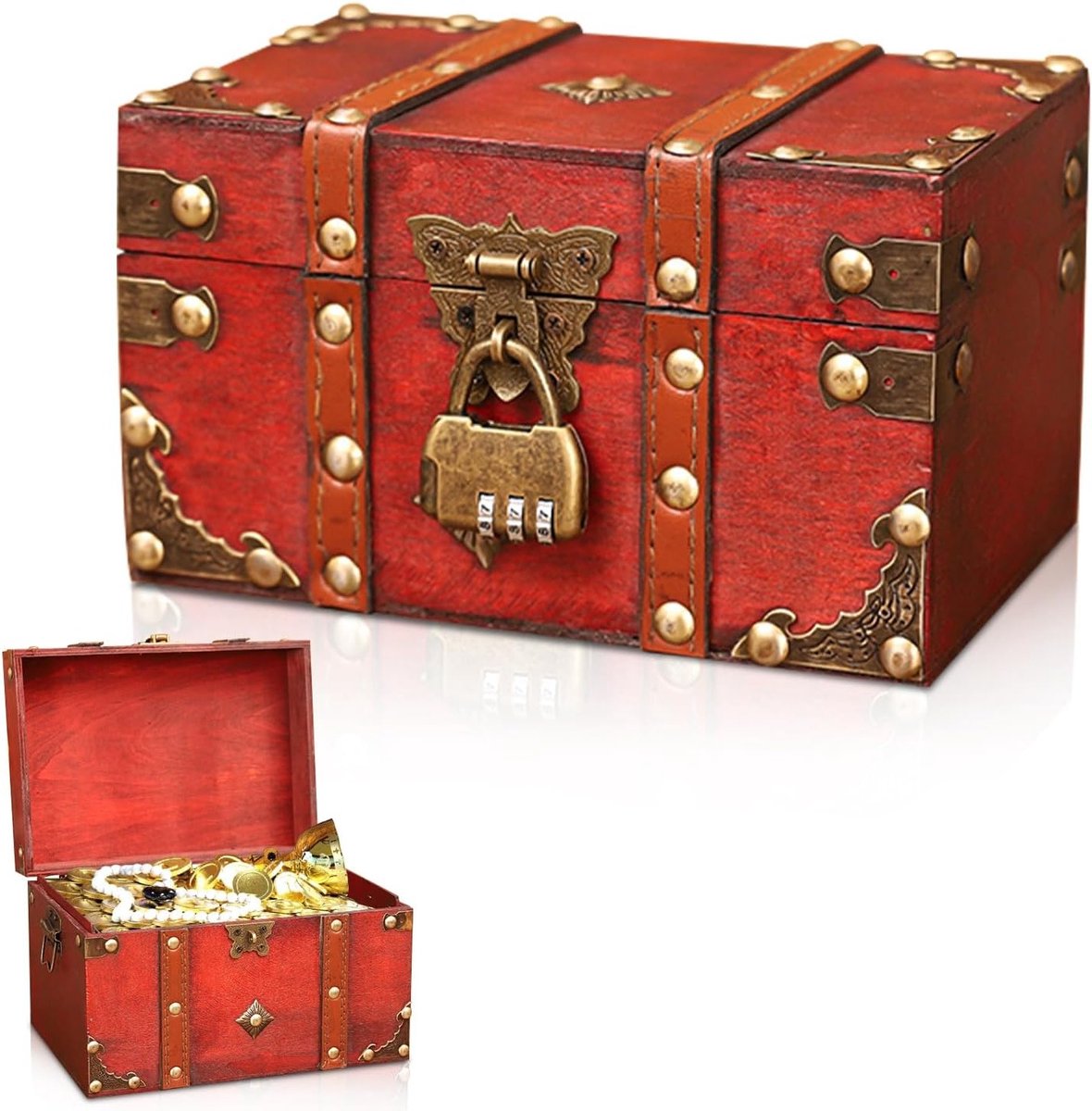 Vintage Schatkist met Combinatieslot: Kleine Piratenschatkist, Sieradenbox met Deksel, Geldbox voor Kinderen, Perfecte Cadeau voor Verjaardag en Feestjes