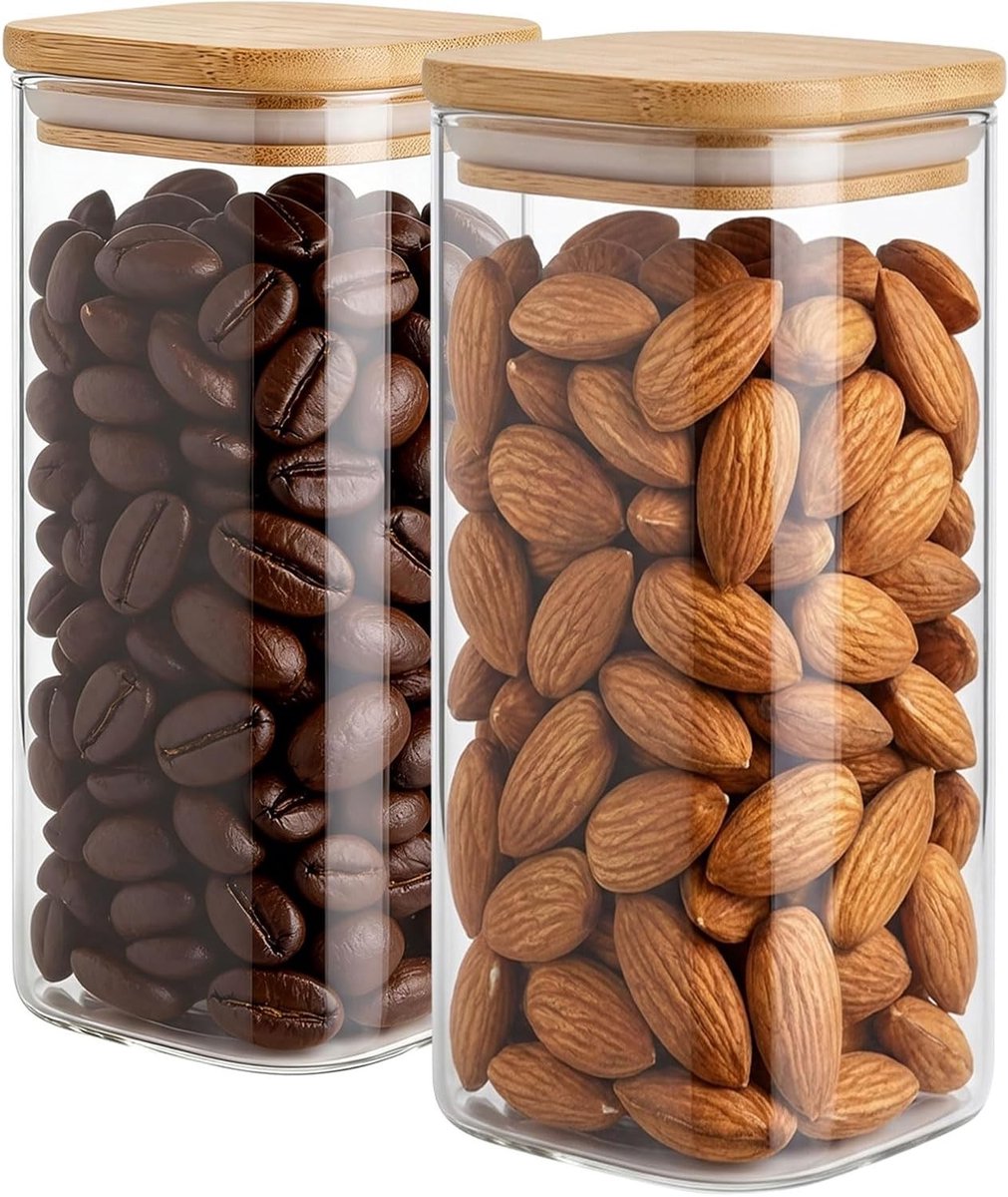 Set van 2 luchtdichte voorraadpotten van glas met bamboedeksel, 1500 ml, ideaal voor rijst, muesli en snacks in de keuken