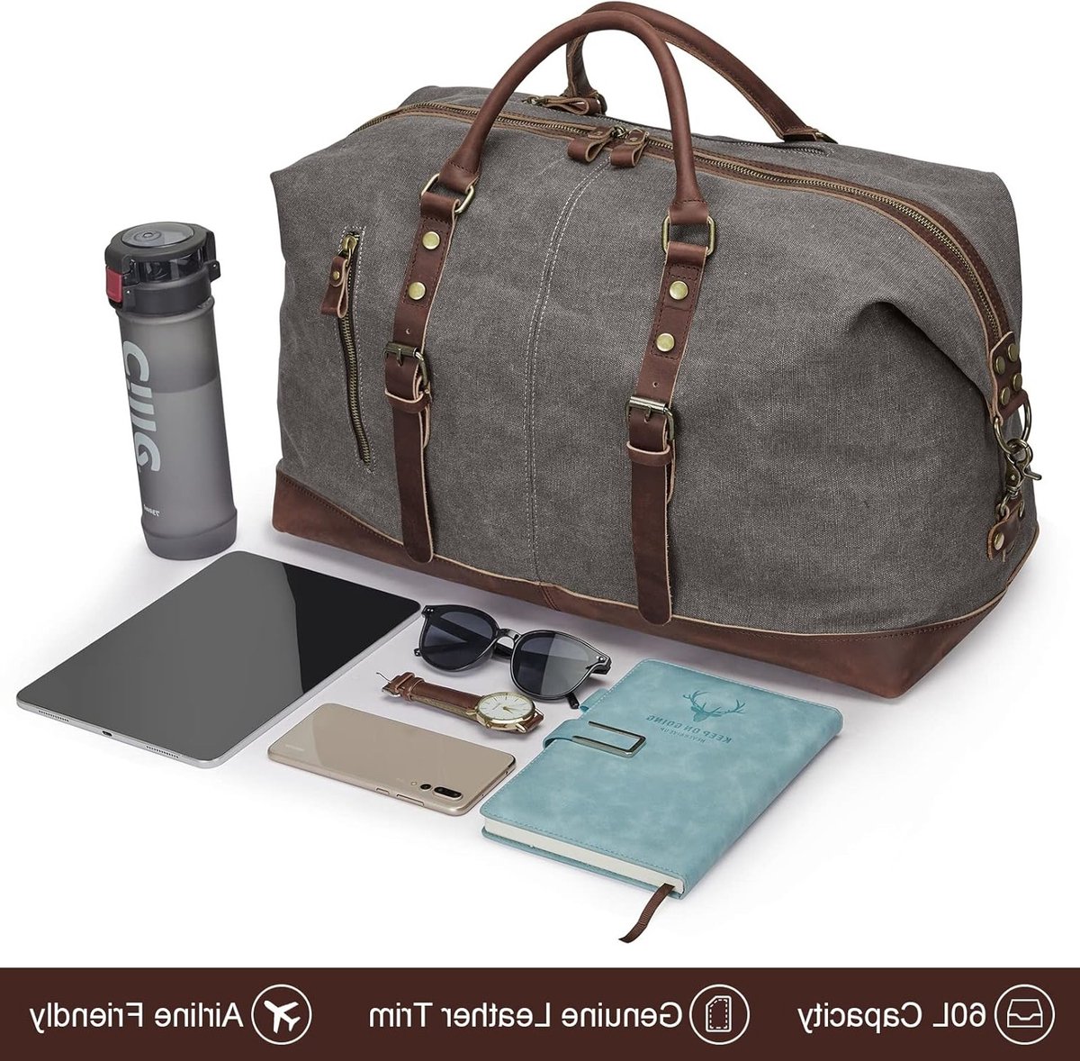 Vintage Canvas Weekend Bag met Crazy Horse Leerafwerking - Unisex Reistas voor Sport en Vakantie, 52-55L