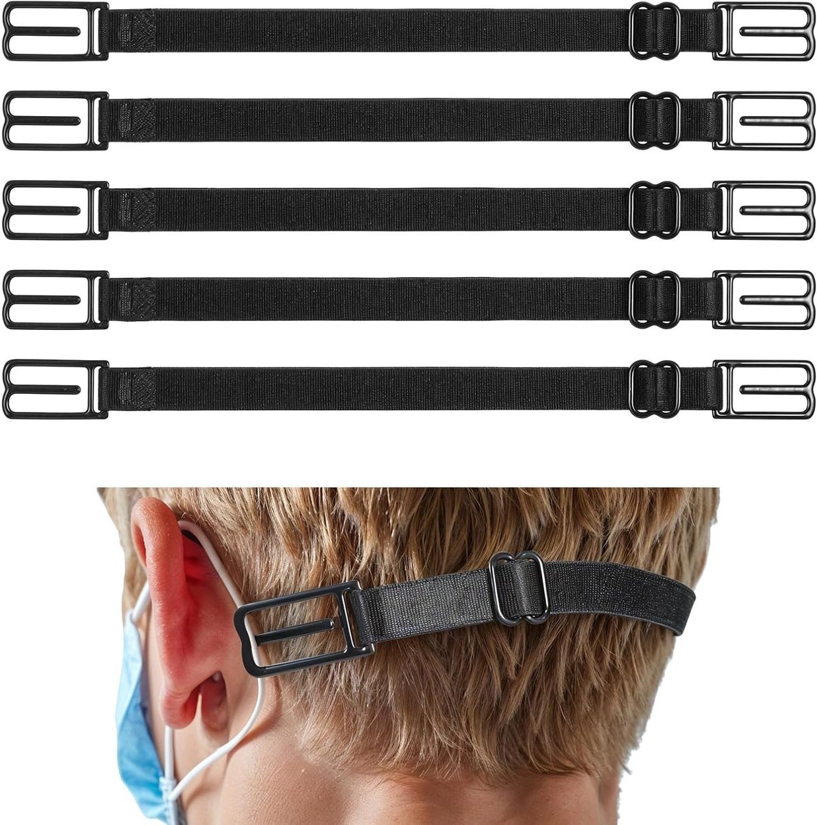 Set van 5 Verstelbare Maskerhouders met Metalen Haken, Zwarte Maskerbanden voor Comfort en Gebruiksgemak, Antislip Maskerextensie voor Hoofd en Nek