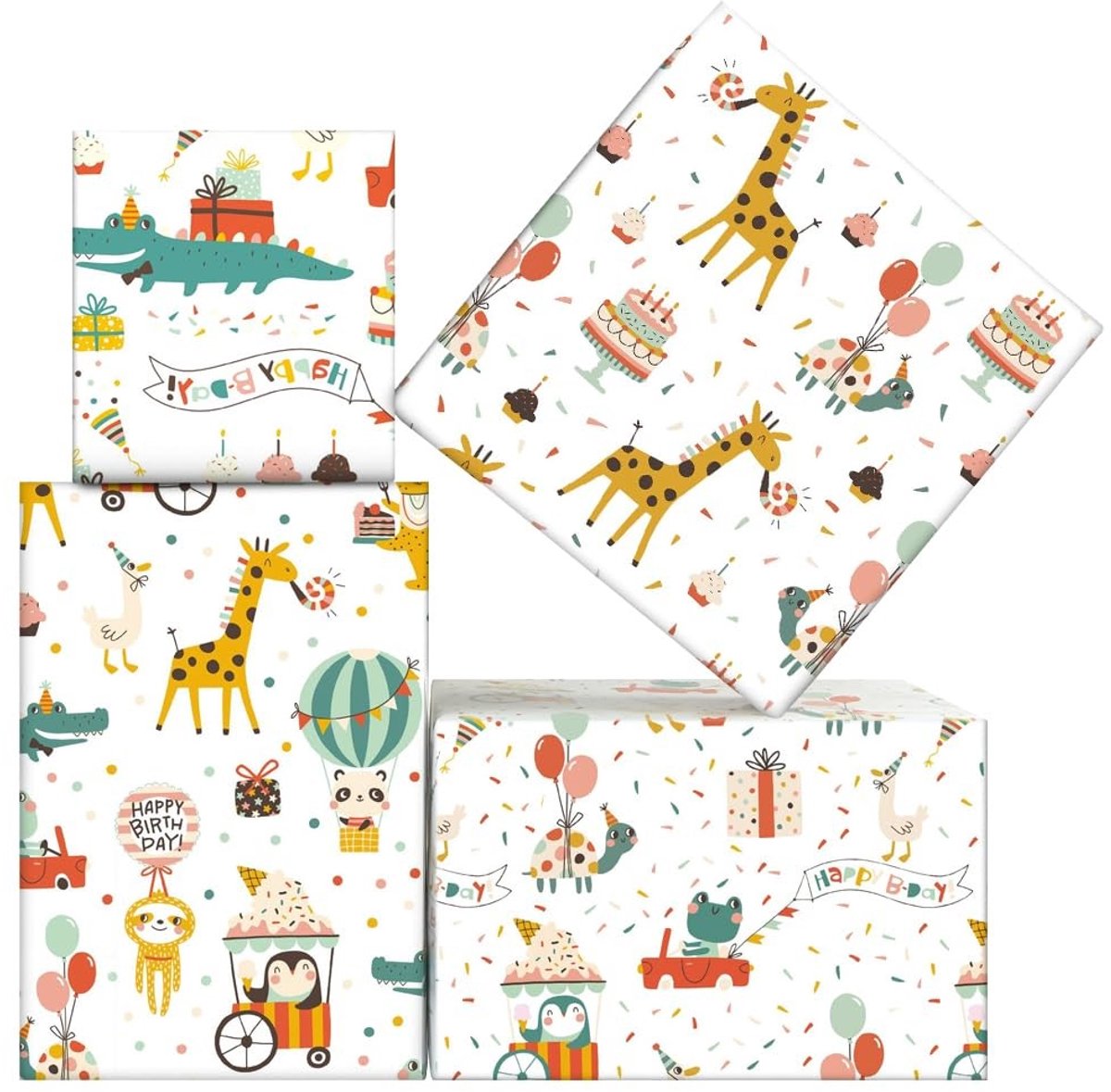 Allecto - Verjaardags inpakpapier - Jungle Dieren - 8 Vellen - 50x70cm - Geschikt voor Kinderen - Giraffe Kikker Krokodil Pandabeest