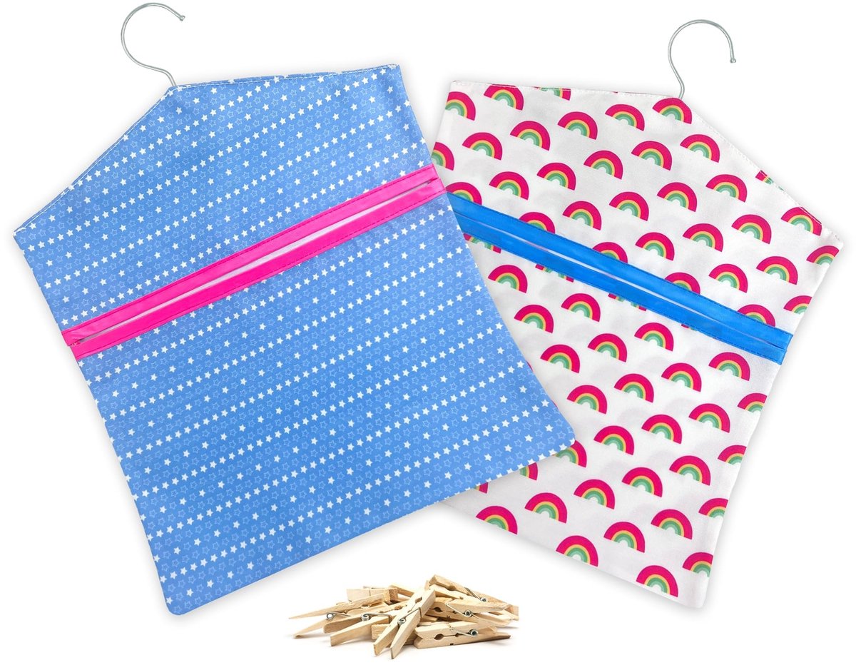 aladdien - Wasknijperzakken - 2 stuks - Draagbaar en op te hangen - 30 cm x 33 cm - Meerkleurig - Ideaal voor wasknijpers - Handig voor binnen en bu..