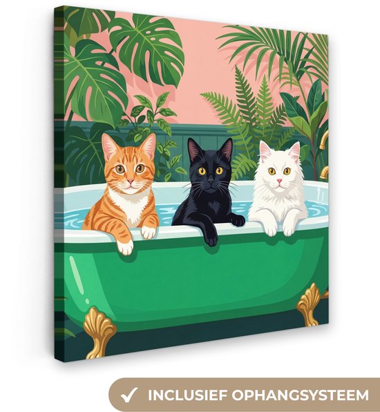 Canvas schilderij 50x50 cm - Exclusieve wanddecoratie Badkamer - Kattenparade - Kleurrijk - Muurdecoratie woonkamer - Slaapkamer decoratie - Kamer accessoires - Schilderijen op canvas