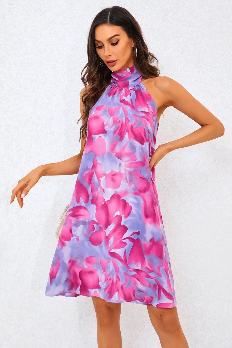 Abstracte bloemenprint halternek mini-jurk met strik op de rug in roze