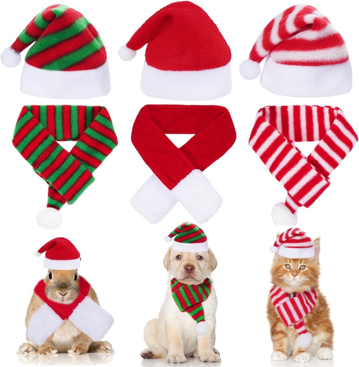 Kerstkostuum voor Honden en Katten, 6 Delig, Inclusief Kerstmuts en Sjaal, Geschikt voor Kleine en Middelgrote Huisdieren