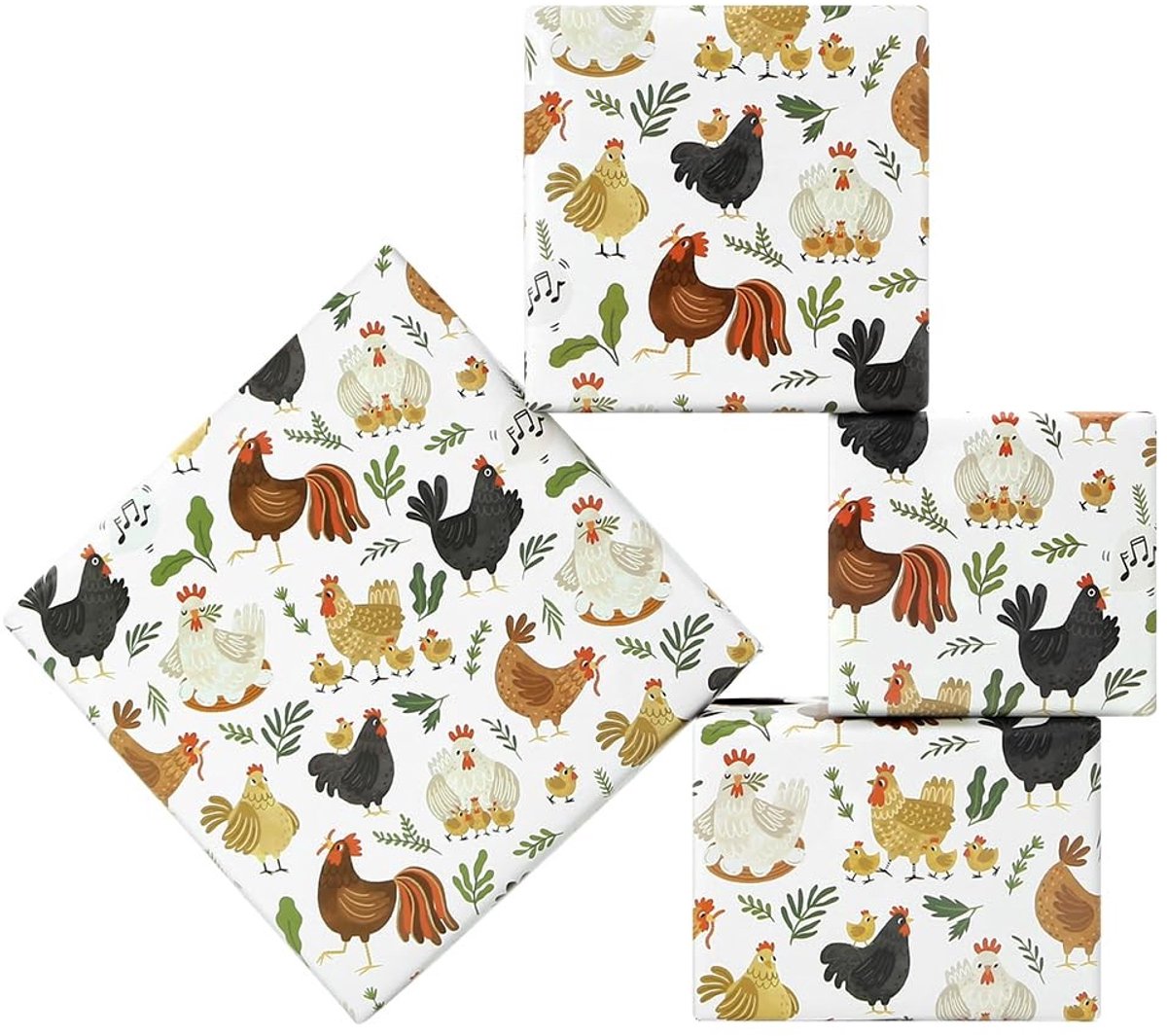 Allecto - Boerderijdier inpakpapier - Cadeaupapier voor kinderen - 4 vellen - Kuikens en Haan - Perfect voor verjaardag of babyshower - Geschikt