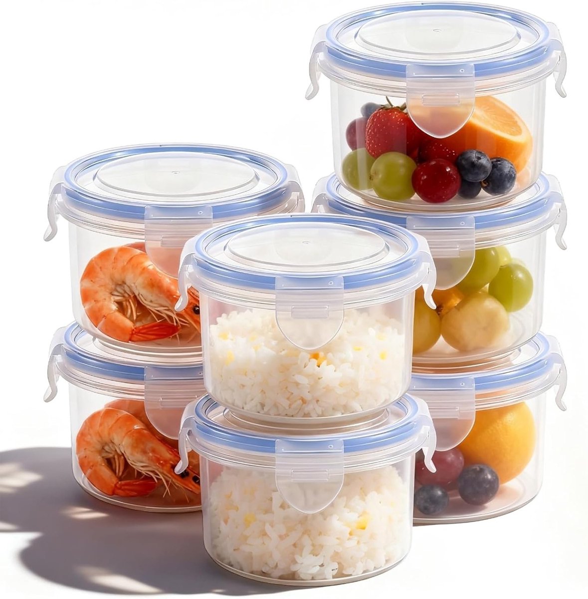 Set van 7 Luchtdichte Opslagdozen met Deksel - 300 ml Ronde Plastic Dozen voor Vriezer en Koelkast, Lekvrij en Ideaal voor Voedselopslag