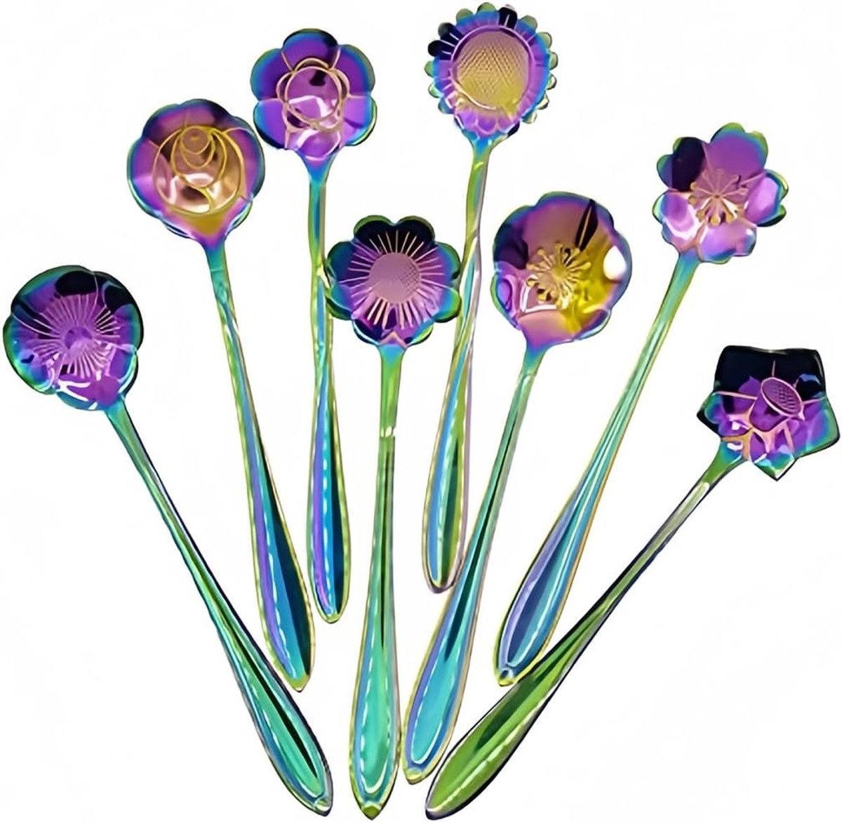 Set van 8 roestvrijstalen koffielepels met bloemenmotief – ideaal voor thee, suiker, ijs en desserts