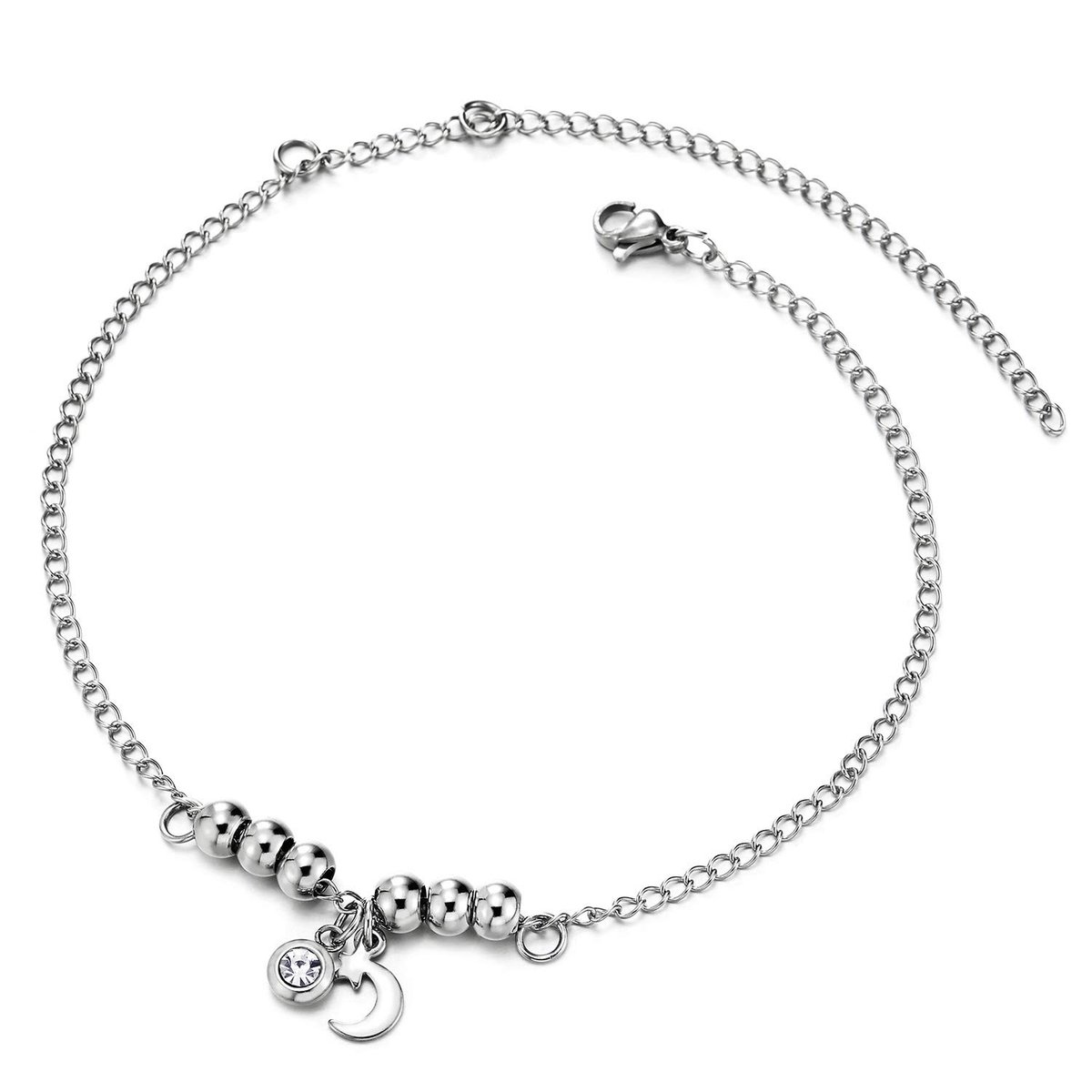 Allecto - Stalen enkelbandje - Kralenarmband met ster en halve maan - Elegante charme - Roestvrij staal - Zirkonia - Geschikt voor dames - Uniek de...